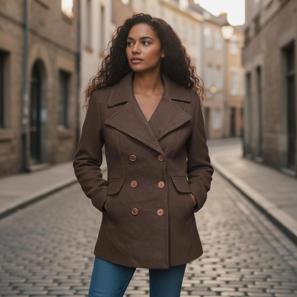 Women's Chocolate Brown Double-Breasted‎ Wool Blend Pea Coat size 12